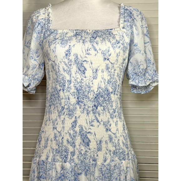 Blue Toile Smocked Maxi Dress Size S Prarie Cottagecore Soft Girl Wedding Guest‎ - Picture 4 of 14
